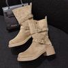 The First Layer of Cowhide Retro Square Boots Women's Autumn New Belt Buckle Medium Boots Two Wear Genuine Leather Martin Boots