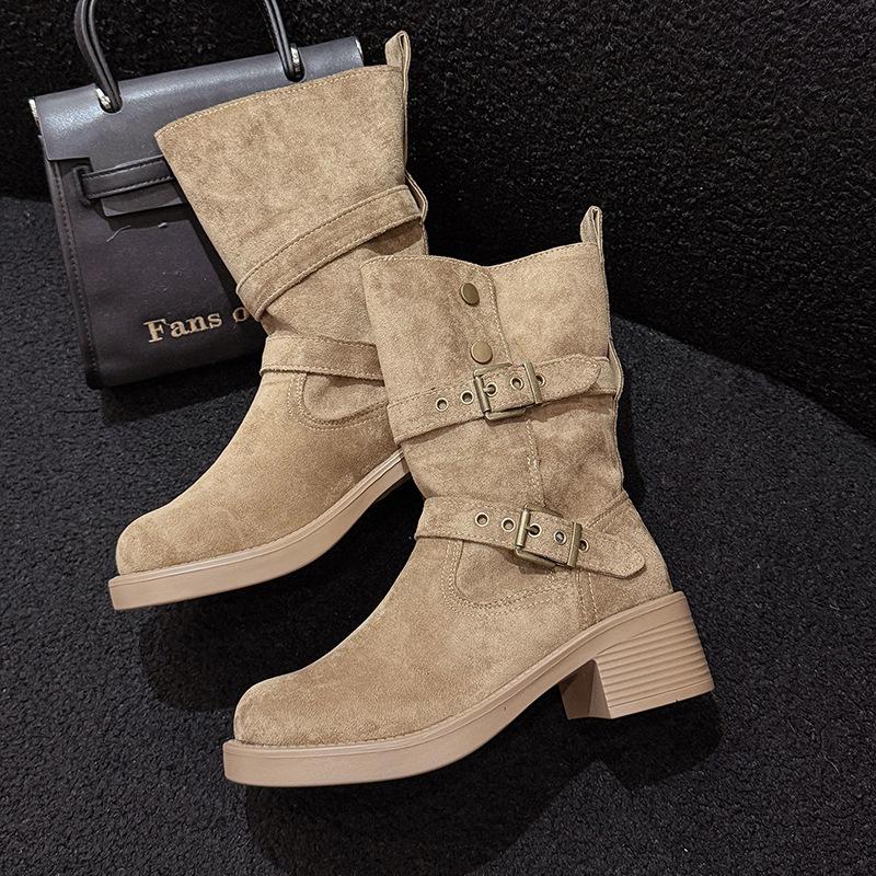 The First Layer of Cowhide Retro Square Boots Women's Autumn New Belt Buckle Medium Boots Two Wear Genuine Leather Martin Boots