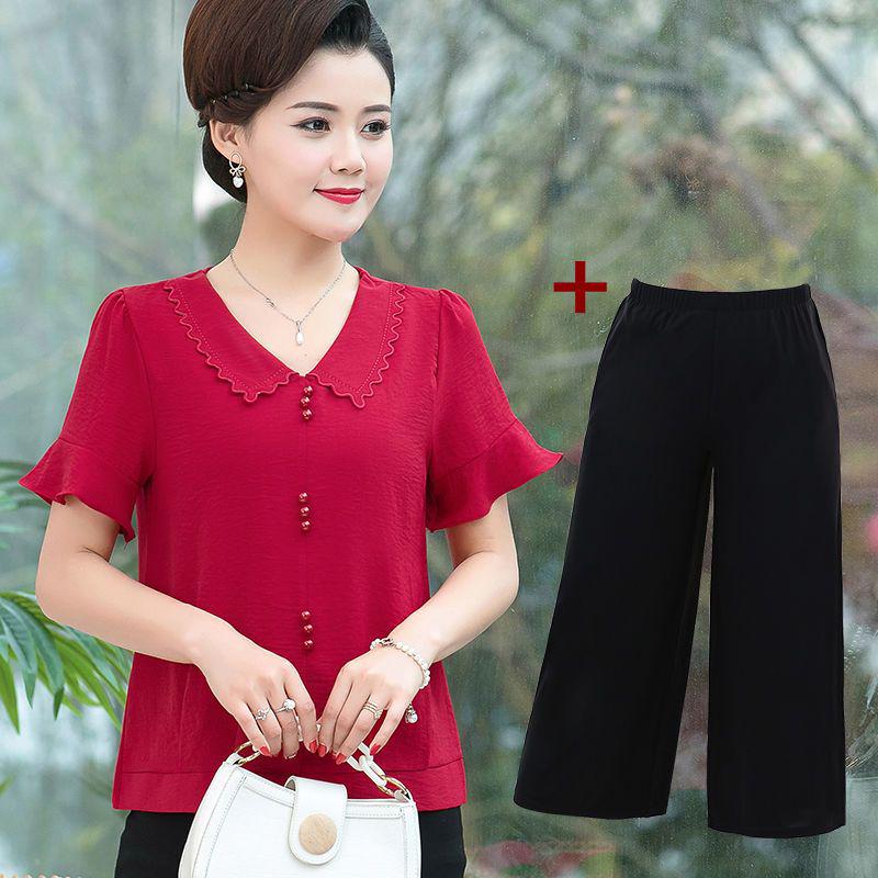 Chiffon Two-Piece Summer Set for Middle-Aged Women - Short Sleeve Top for Mothers