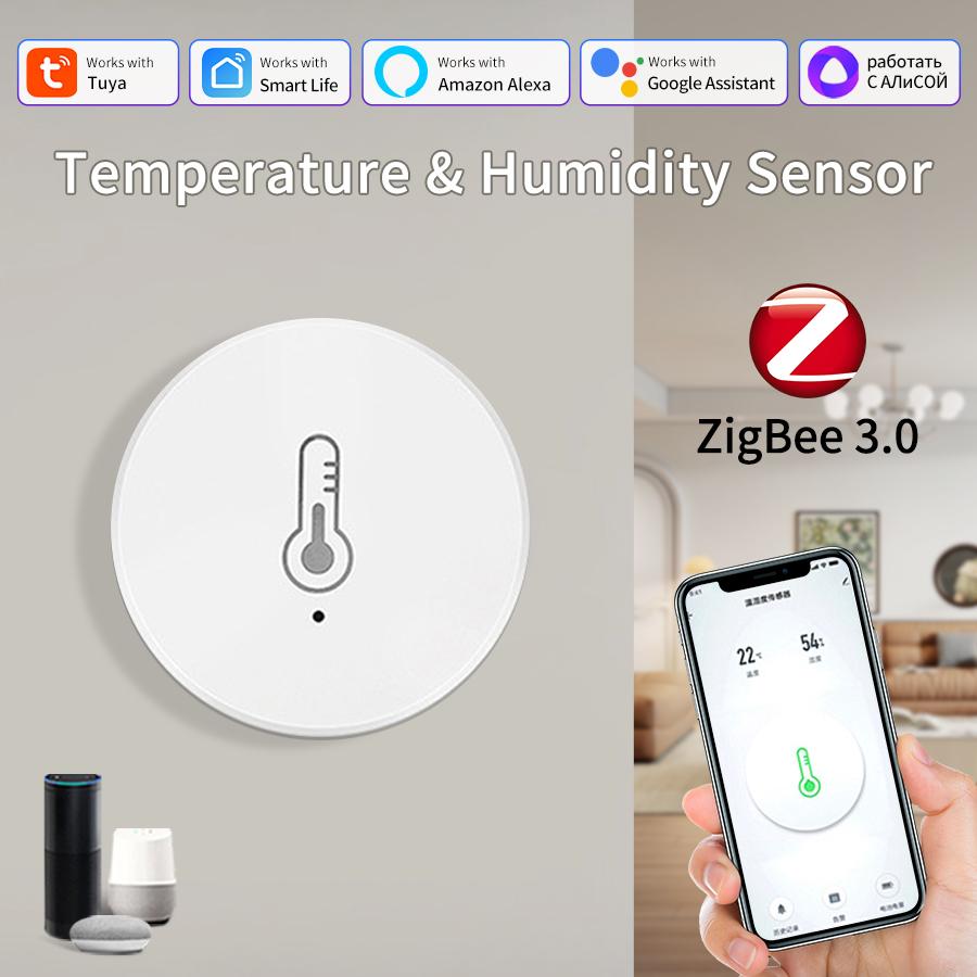 

Круглый датчик температуры и влажности ZigBee, умный гигрометр-термометр, приложение Smart Life и голосовое управление, работает с Alexa, Google Home
