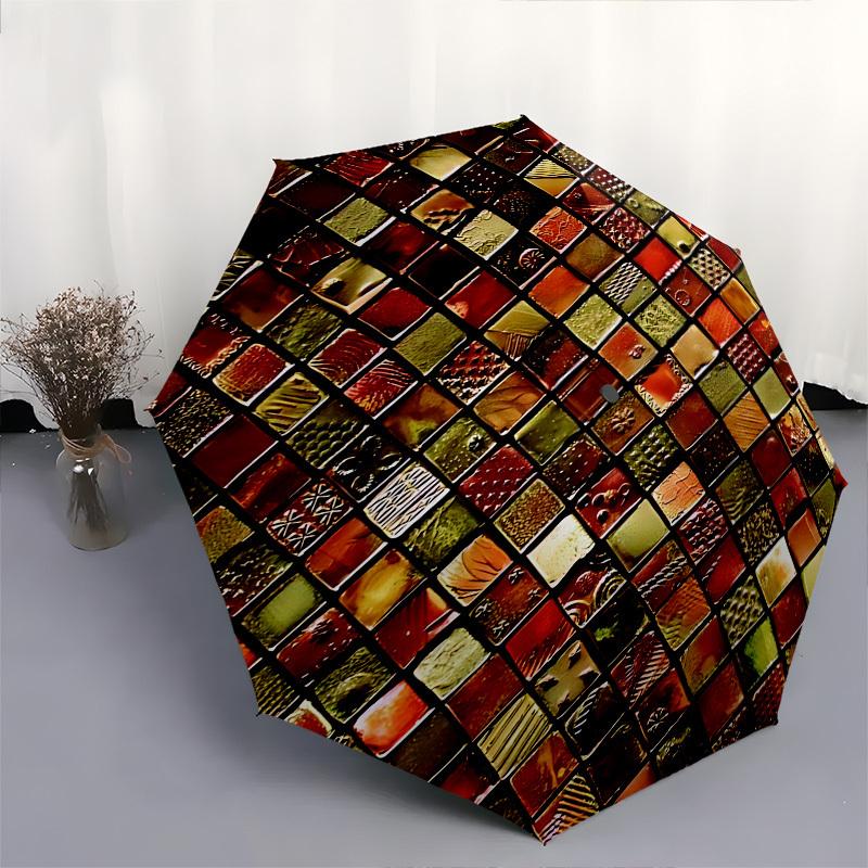Mosaic Tiles Themed Automatic Opening and Closing Umbrella, Brightly Colored 8-rib Portable Umbrella, Suitable for Men and Women, A Perfect