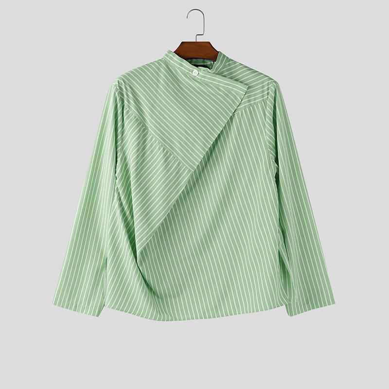 INCERUN Men Wrap Neck Long Sleeve Button Up Striped Print Casual Shirts