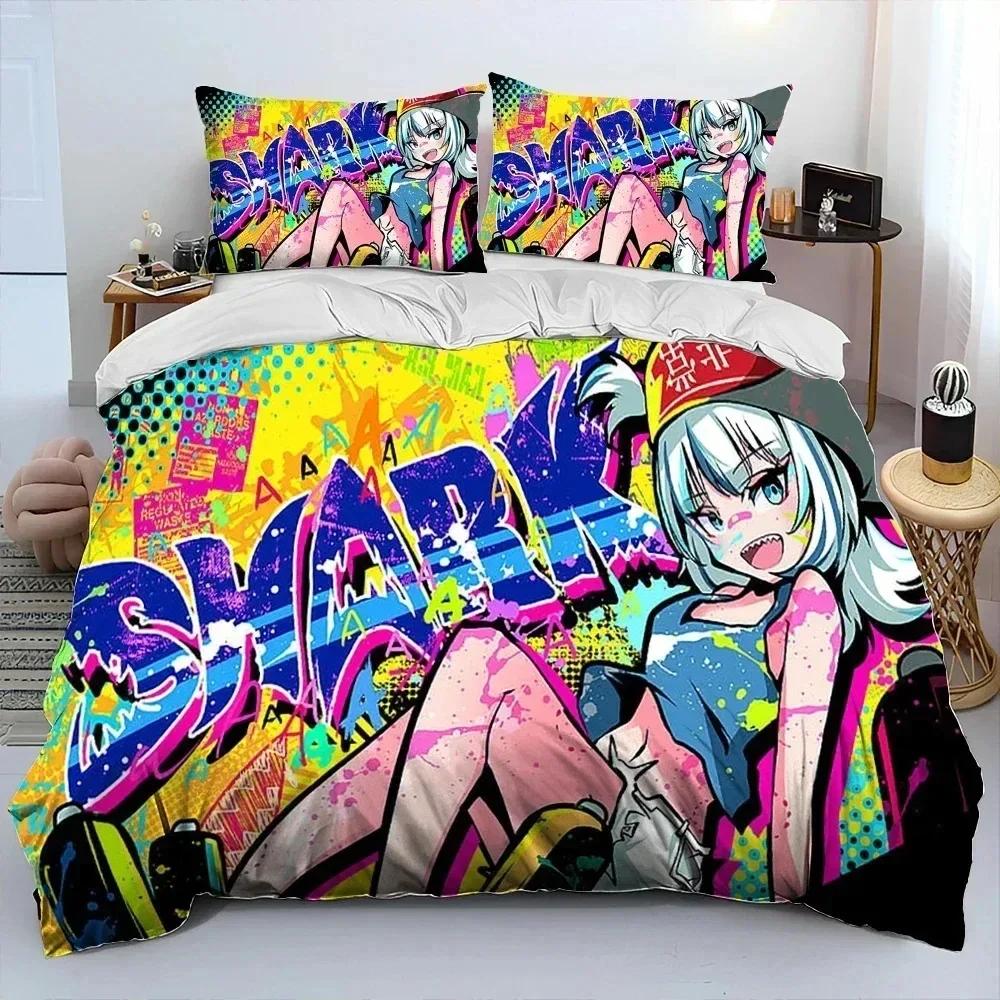Comforter Cute Gawr Gura Hololive Anime Shark Bedding Set Printed Bed Set With Soft Queen King Size Bedclothes Home