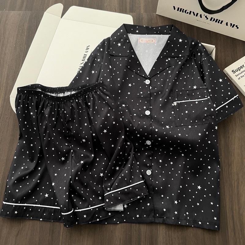 Damen 2024 Frühling/Sommer Eis-Seide Karierter Pyjama - Langärmeliges Zweiteiler-Set