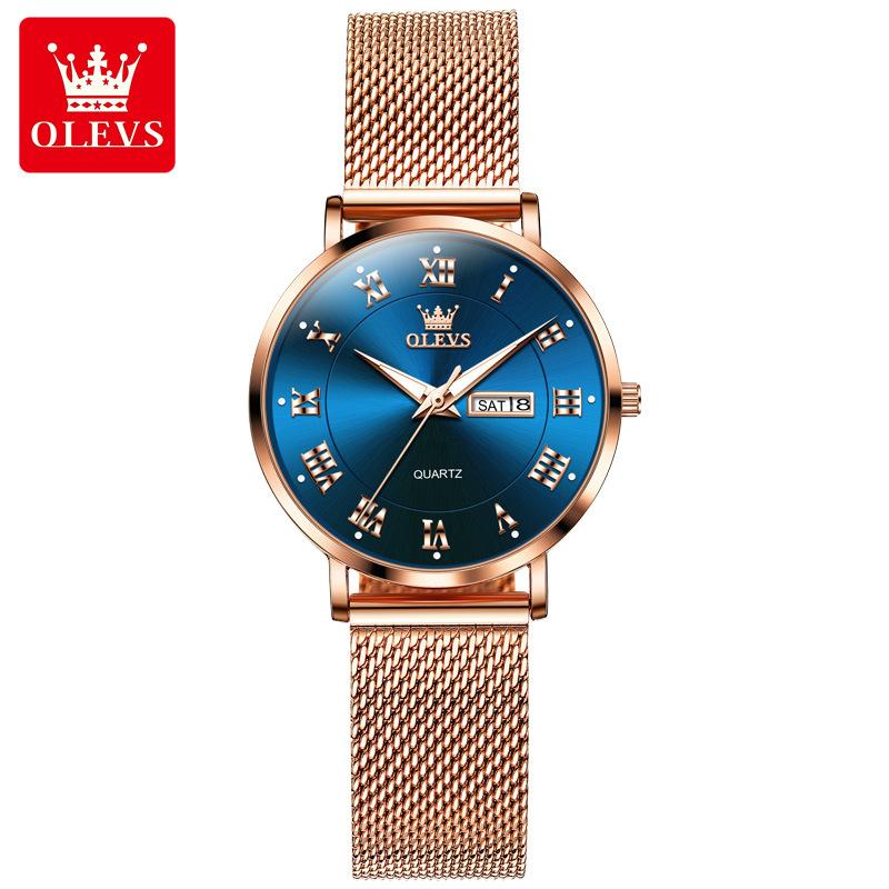 OLEVS Wasserdichte Quarzuhr für Frauen mit Doppelkalender, Milanese-Stahlarmband, Damen-Handuhr, luxuriöse Original-Kleideruhren