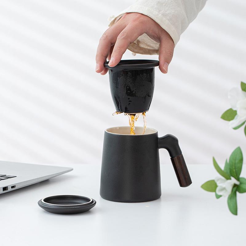 Ceramic Tea Brewing Mug with Wooden Handle, Lid, and Filter - Large Capacity Office Souvenir Cup