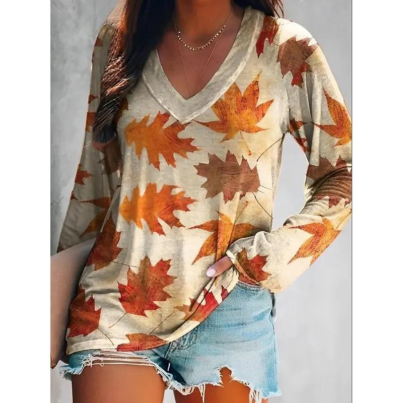 2025 Women's T-Shirts Floral Graphic Plants Elegant Fashion Tees Long Sleeve T-shirts V-Neck Regular Tops Casual Pullover Fall