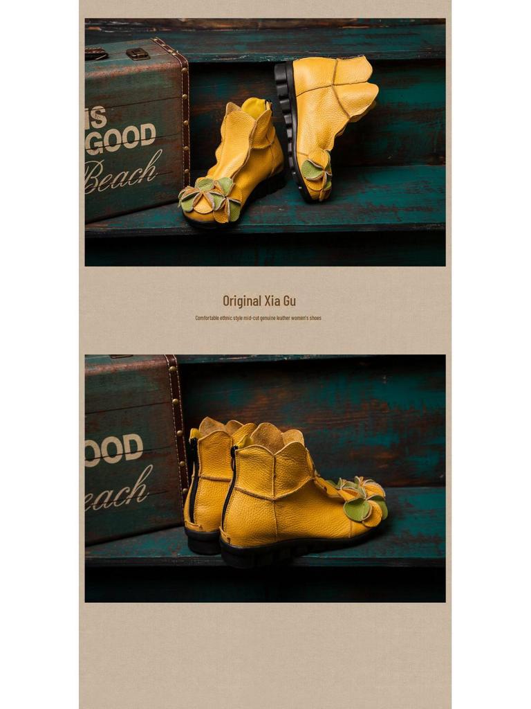 Damen Retro Leder Martin Kurzstiefel: Dicksohlige, dickabsatzige Stiefel mit Reißverschluss hinten für Herbst/Winter