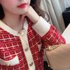 Retro contrasting color round neck plaid small fragrant knitted sweater cardigan autumn and winter fashion gentle wind sweater women's coat top