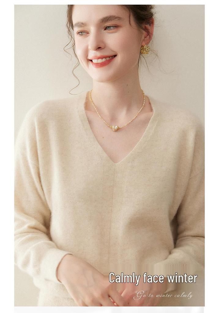 Women's V-Neck Seamless Cashmere Sweater: Brushed Finish, Long Sleeve, Solid Color