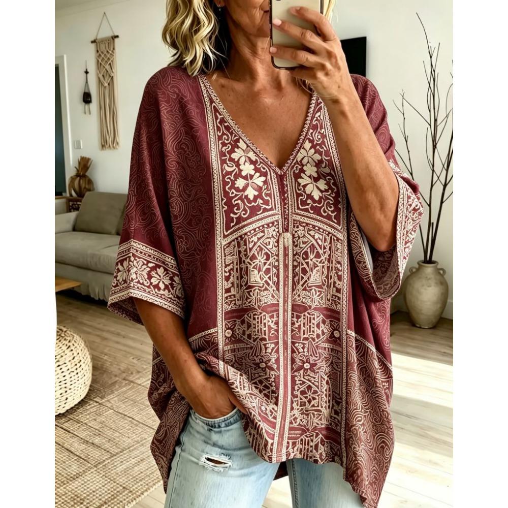 Plus Size Women's Retro Distressed Blue Imitation Embroidery Floral Print V-neck Bat Sleeve T-shirt Loose Casual Versatile Top