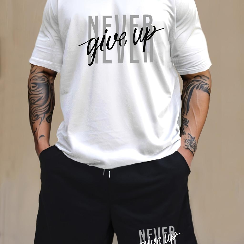 Mens NEVER GIVE UP Graphic Loungewear Set - Short Sleeve Tee & Drawstring Shorts with Pockets - Super Comfortable Casual Pajama
