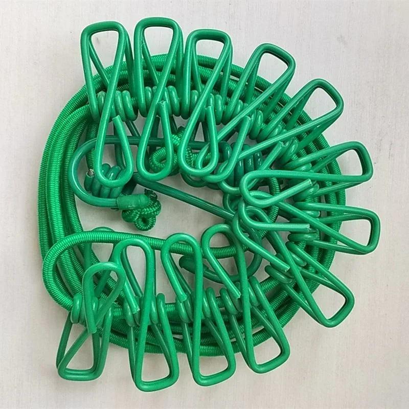 Portable Clothesline with 12 Clips Elastic Retractable Laundry Drying Rope Wind-Proof Clothes Hanging Line for Outdoor