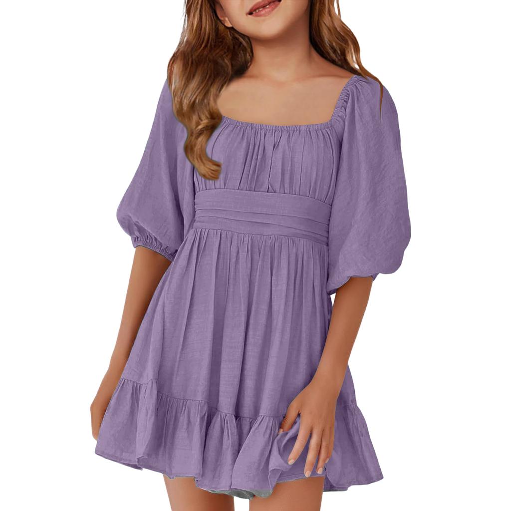 Children's Casual Bubble-Sleeve Backless Waist-Tied Bow-Pleated Dress