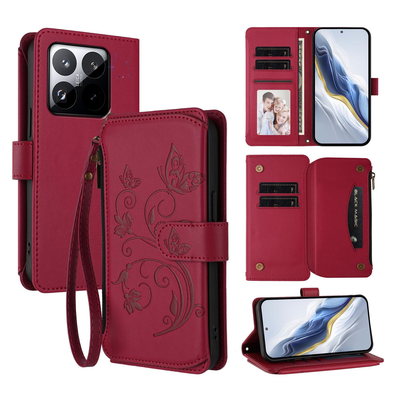 For Xiaomi 15T Leather Case Butterfly Floral Imprint Zipper Wallet Stand Cover with Wrist Strap B