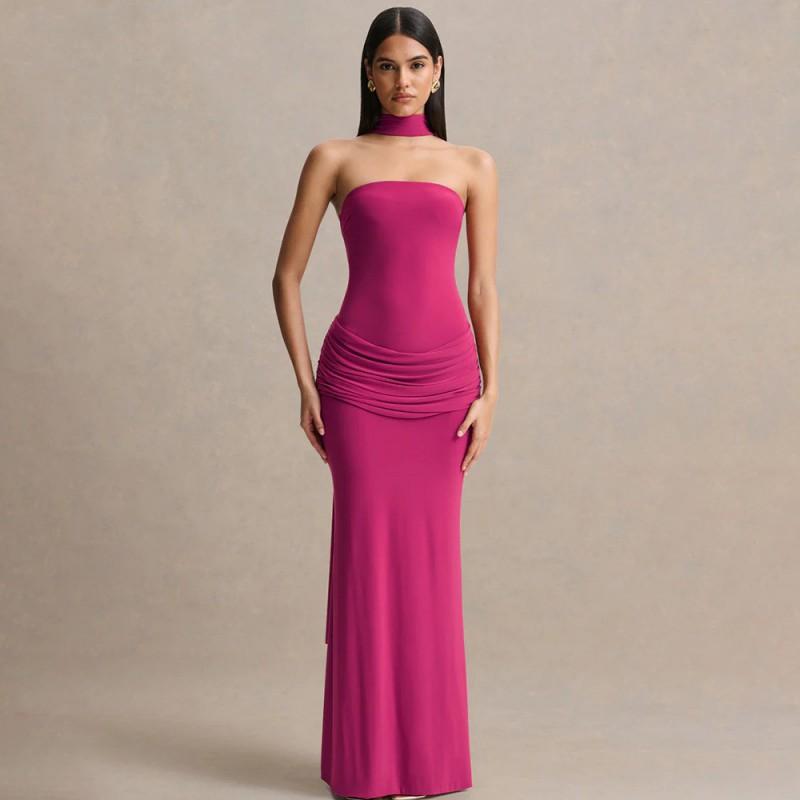 2026 Womens Elegant Solid Color Halter Neck Pleated Bodycon Dress Party Date Wear