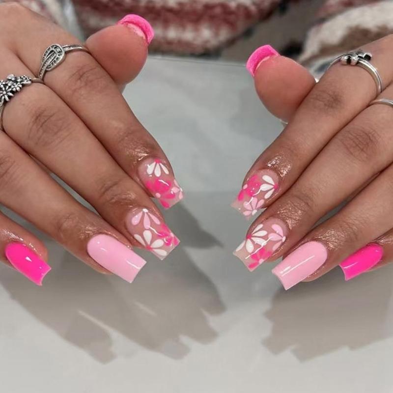 Накладные ногти для женщин Цветочный французский маникюр Удобная посадка Пластиковые искусственные ногти Мгновенный элегантный маникюр 1