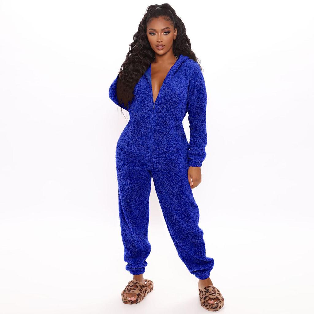 2025 European & American Autumn/Winter Women's Fleece-Lined Fur Jumpsuit Pajamas, Hooded, Available in 17 Colors