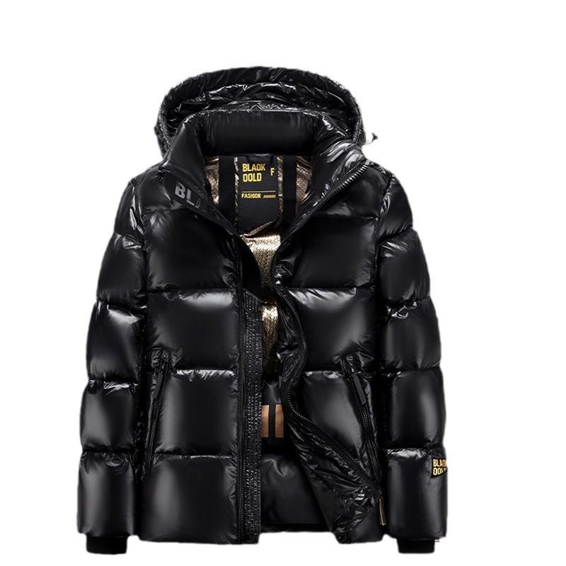 Mens Black Gold Short Down Jacket Winter Warm Puffer Coat With Detachable Hood Loose Fit 85-90% Goose 800 Fill Power