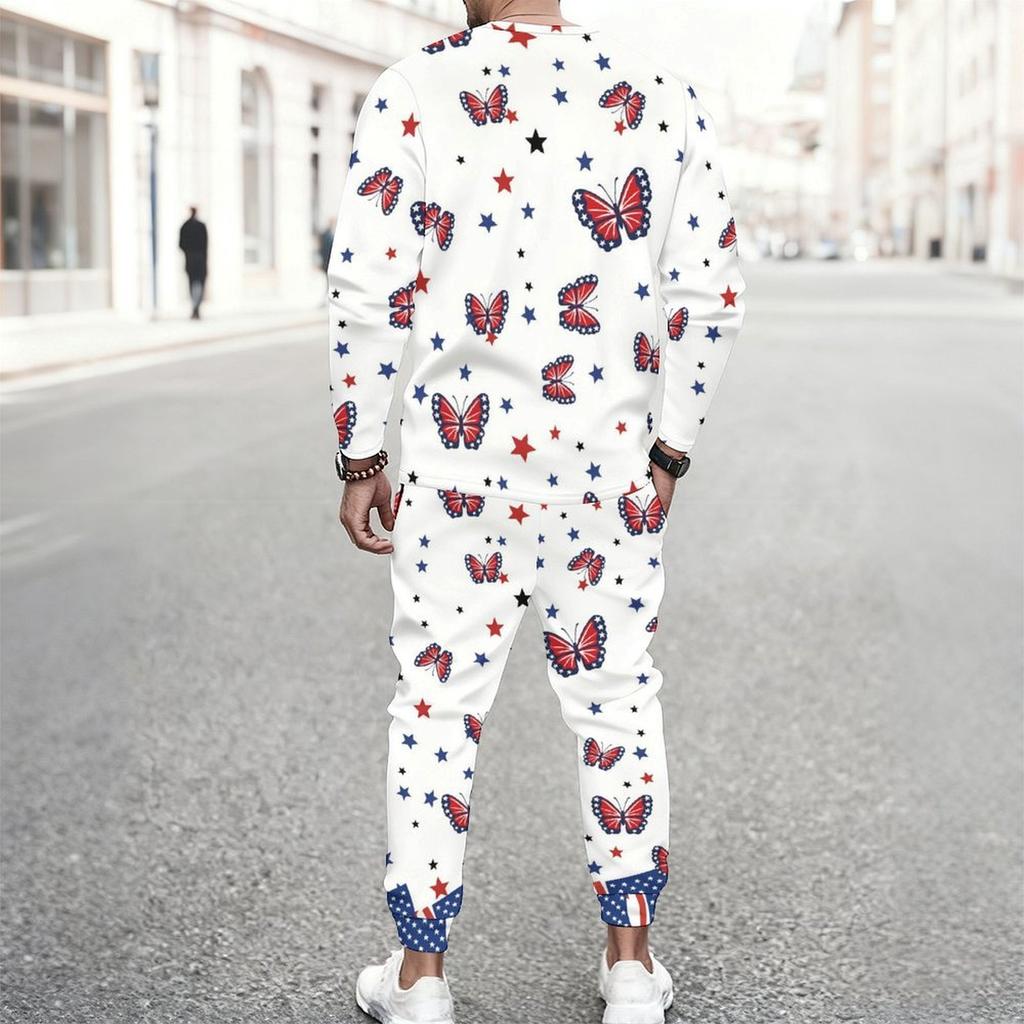 Men Distressed American Flag Star Stripe Print Long Sleeve Sweatshirt And Drawstring Jogger Pants Two Piece Outfit
