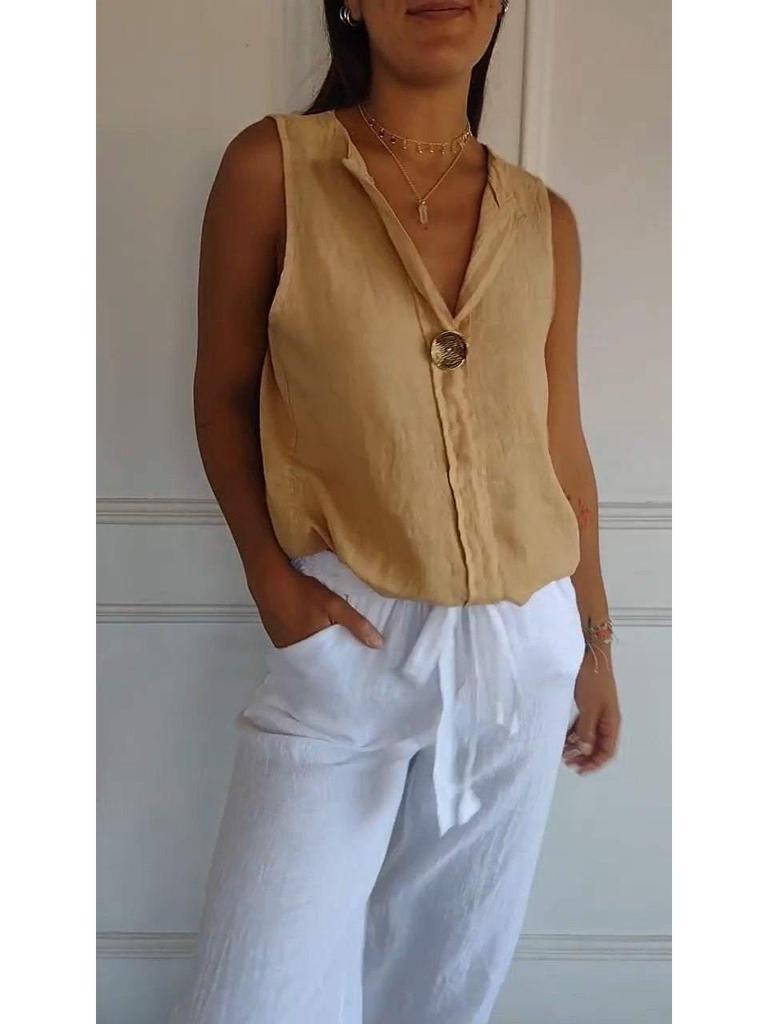 2026 New Women's Cotton Linen Sleeveless Casual Top with Faux Cardigan Collar
