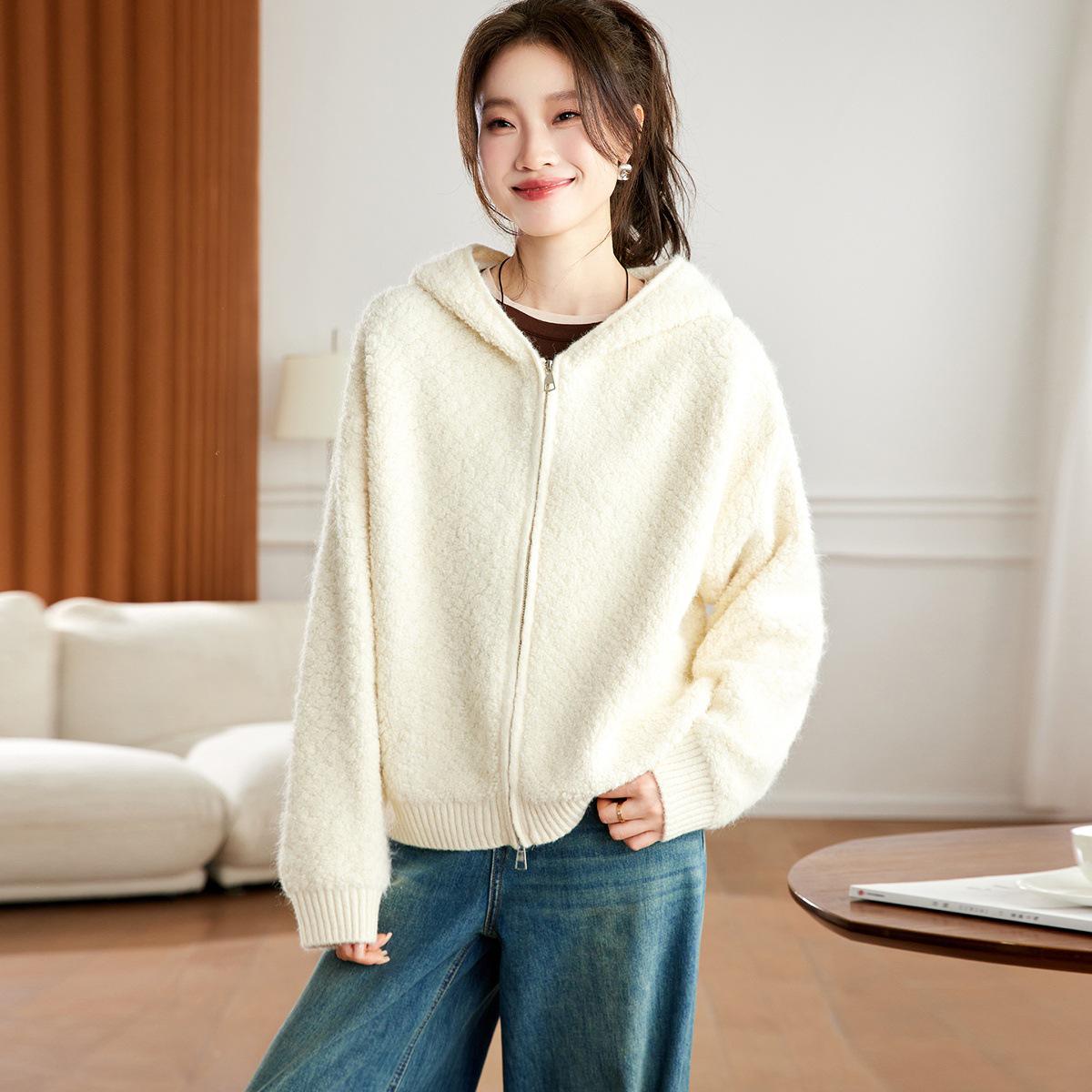Women s 2025 Korean Style Zipper Hooded Knit Cardigan - Autumn/Winter Short Sweater Jacket Large бежевый