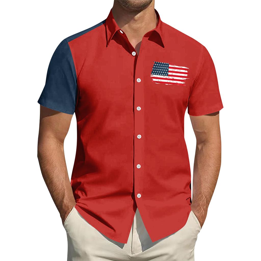 Top da Uomo Stampato per il Giorno dell'Indipendenza con Colletto Camicia Casual Sportiva a Maniche Corte da Uomo