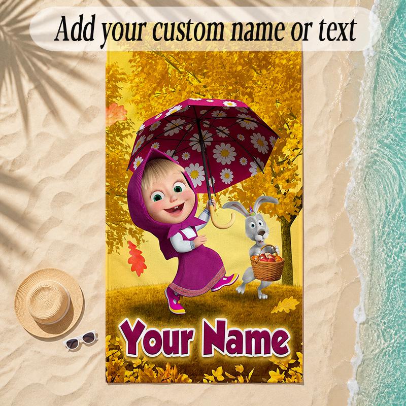 Beach TowelMasha and the Bear Custom Name Text Personalized Soft Towel for Beach Pool Indoor Home Decor Gift