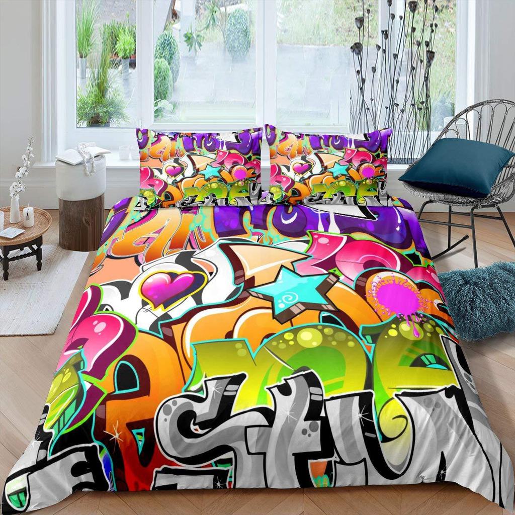 Rock Music Graffiti Duvet Set, Hip Hop Art Bedroom Supplies Quilt Set Three-Piece Set