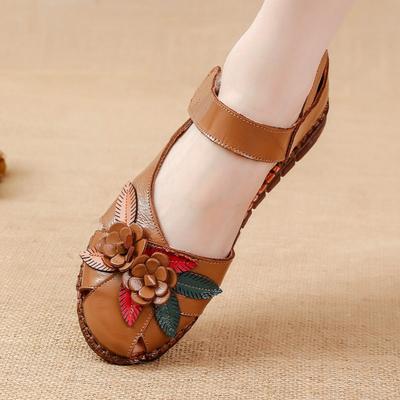Fashion Size 42 Flat Heel Genuine Leather Sandals Woman Summer Hollow Out Shoes Mom Women's Retro Flower Orthopedic Sandals for Ladies