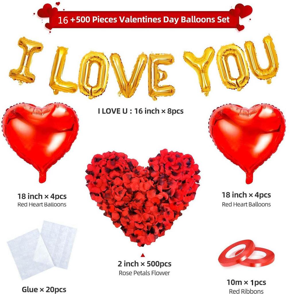 Jag älskar dig ballonger hjärtballonger kit med rosenblad för bröllop, födelsedag, jubileum, fest, alla hjärtans dag-dekorationer