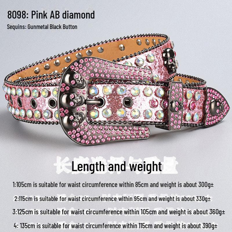 Curea de lux cu cataramă cu strasuri și craniu închis la culoare, cu paiete și diamante