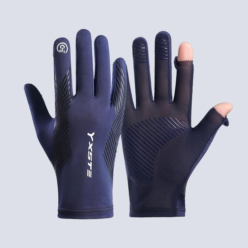 Herren Sommer Eis Seide rutschfest und UV-Schutz Fahren Touchscreen durchlässig Zwei-Finger Sport Handschuhe