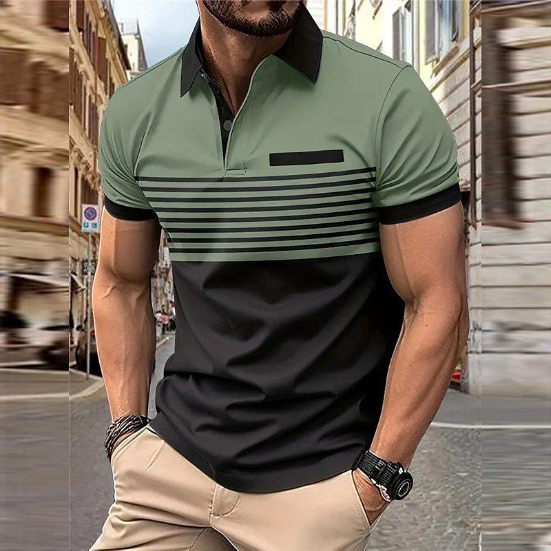

Summer Shirts Zipper Men s Short Sleeve Top Lapel Patchwork Striped Printed Shirt XXXL зелений
