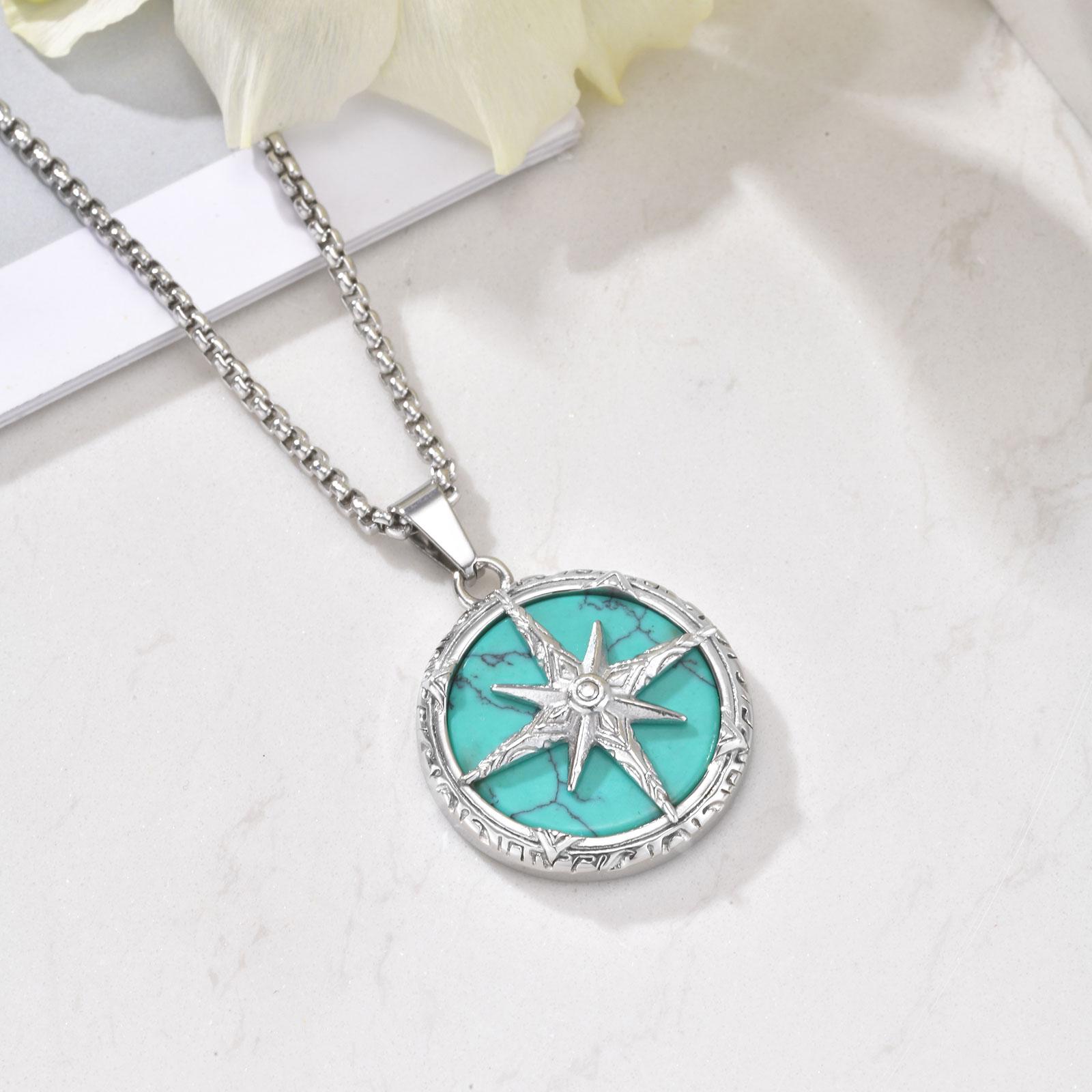

Compass Natural Stone Pendant Necklace, Stainless Steel Star Long Chain Necklace For Men Retro Hip Hop Punk Trendy Jewelry Gift 60cm