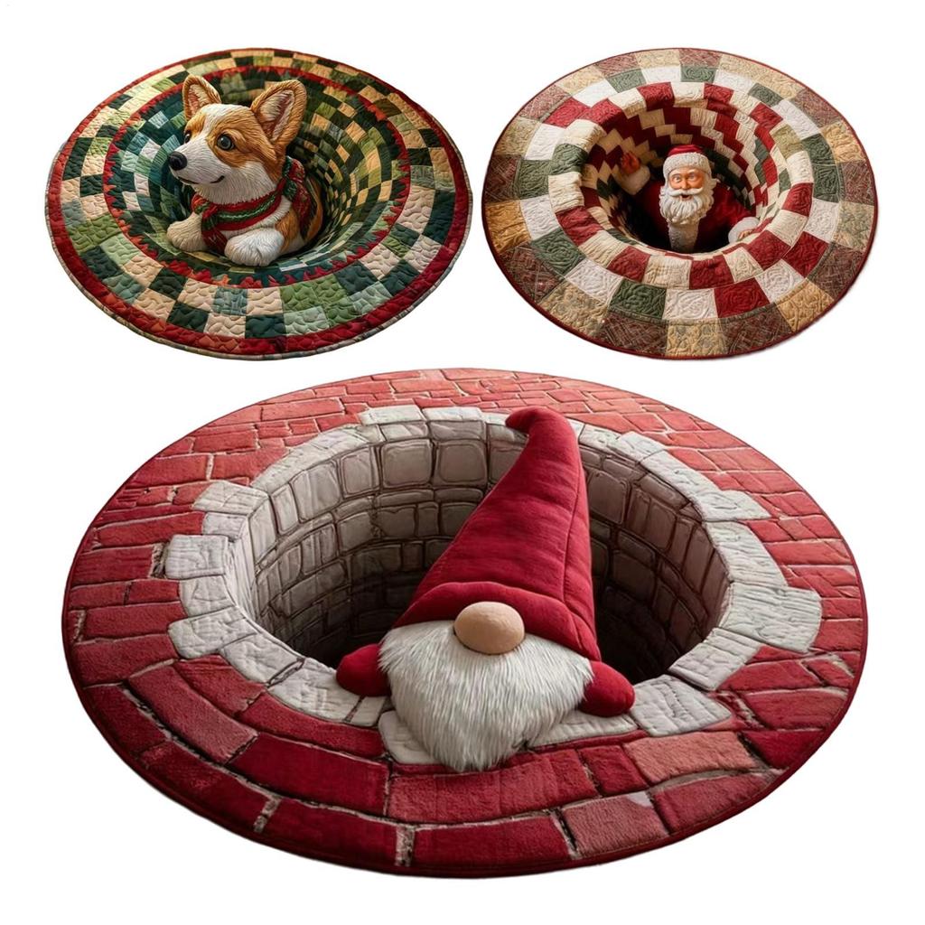Flat 3D Visual Effects Santa Claus Carpet Doggy Gnome Pattern Quilted Round Mat 40in Christmas Decorations Rug Home Decor