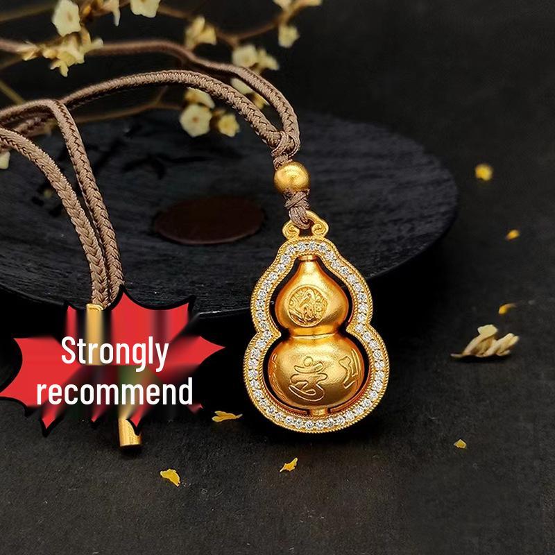 Gold-Plated Brass Rotating Mantra Gourd Pendant Necklace - Unisex Gift
