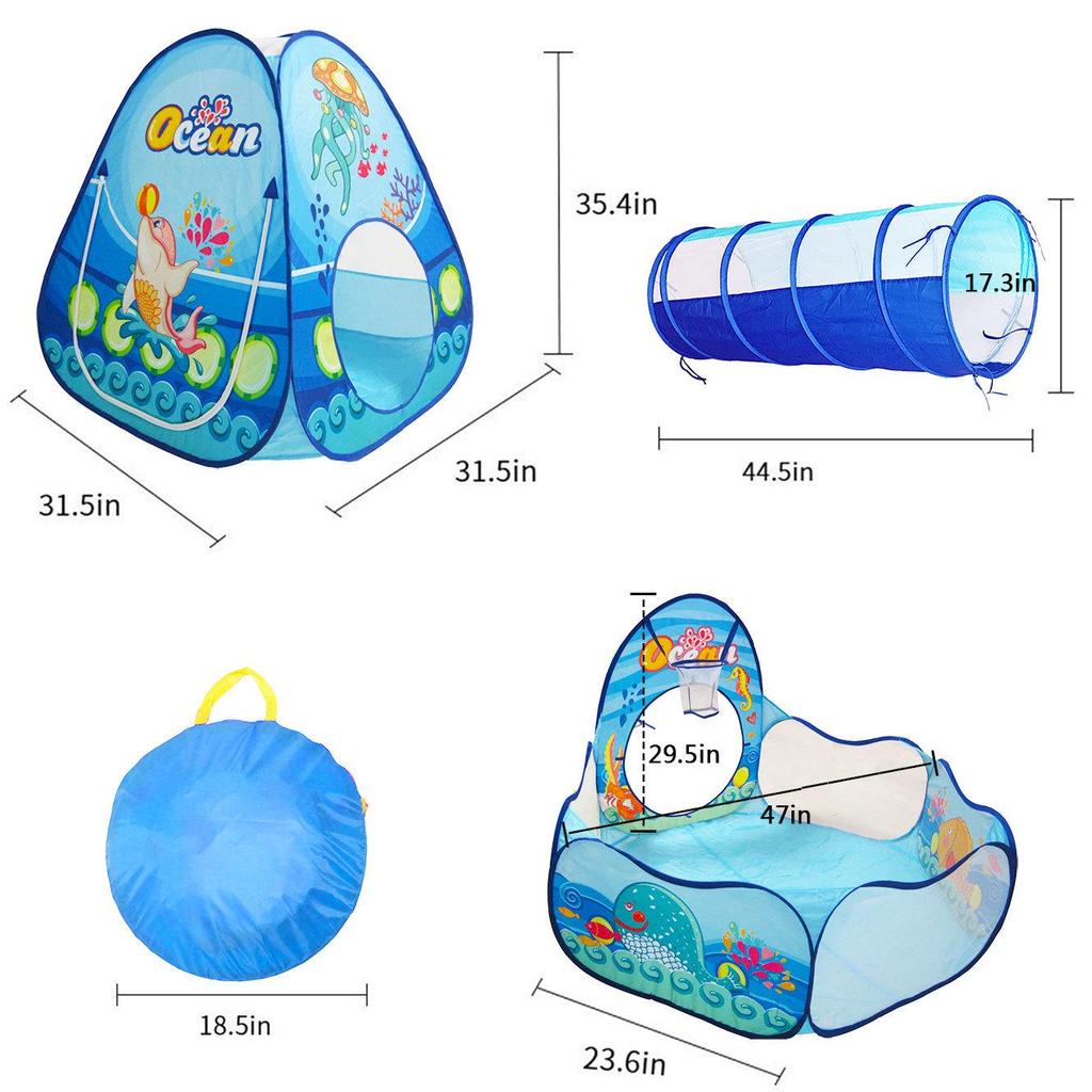 Ocean Adventure Kids Tent Set - Indoor Playhouse & Crawling Tunnel with Foldable Basketball and Ball Pit