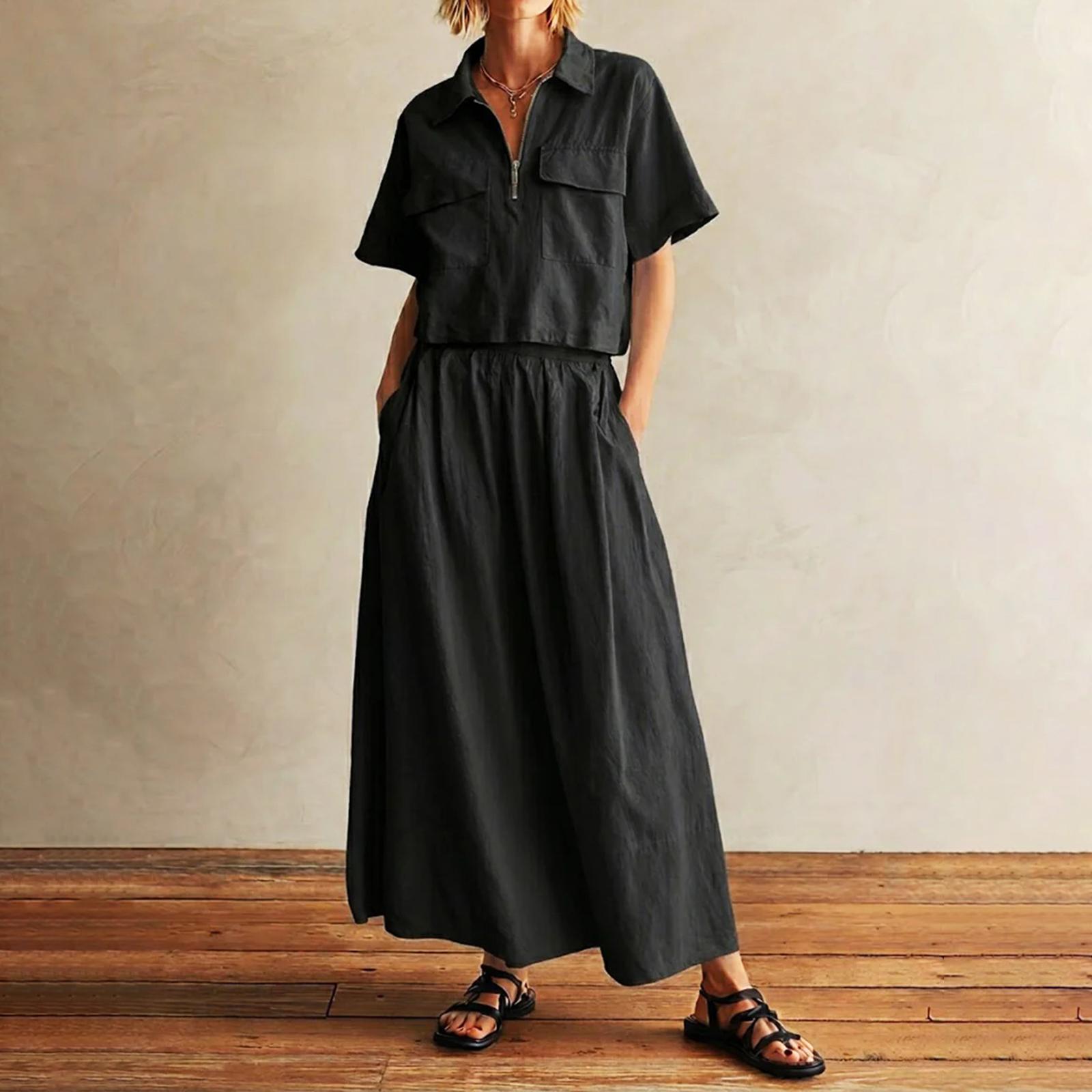 Модный повседневный женский комплект: топ с коротким рукавом и юбка L чёрный