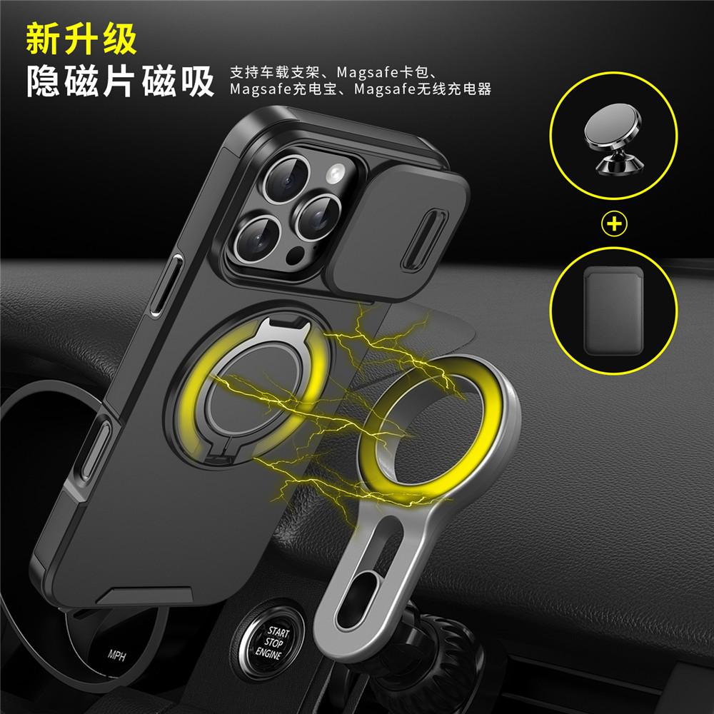 360 Degrees Ring Bracket Magsafe Case For iPhone 17 16 15 14 Plus 13 12 11 Pro Max Slide Camera Cover Hard Wireless Charge Case