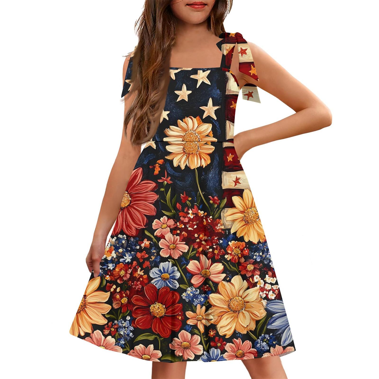 

Children s Jumpsuit Cuffless Pocket Square Neck Casual Independence Day Print Dress 120 шафрановий