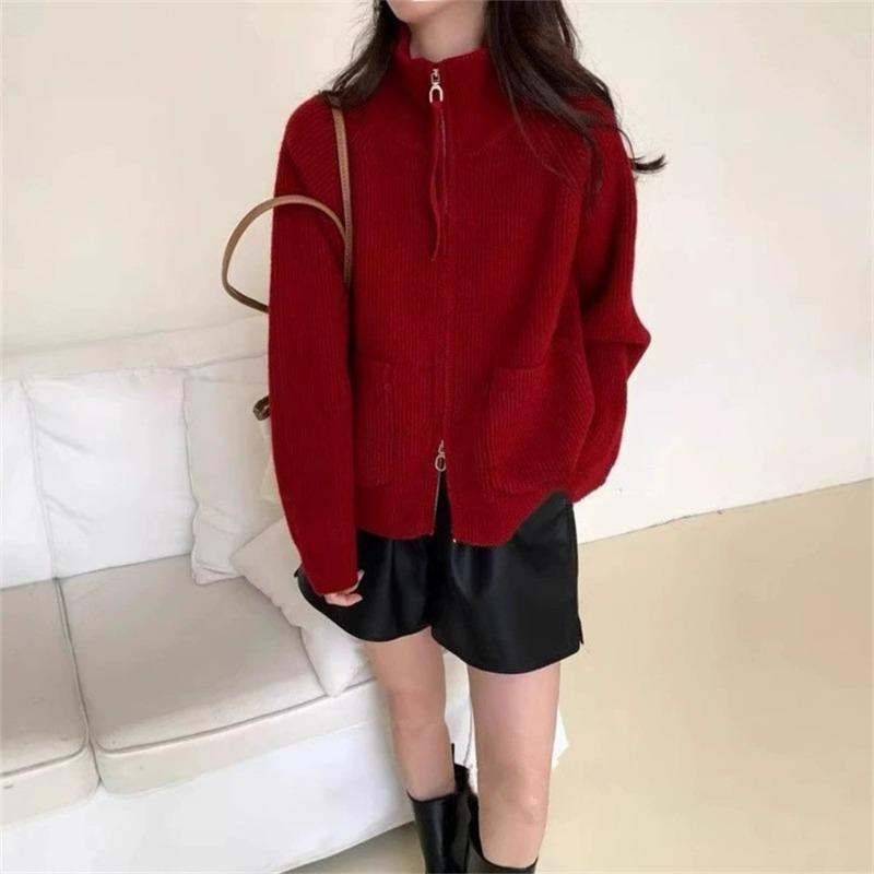 

Simple casual stand-up collar double zipper knitted cardigan women s autumn and winter new loose lazy versatile sweater jacket One size червоний