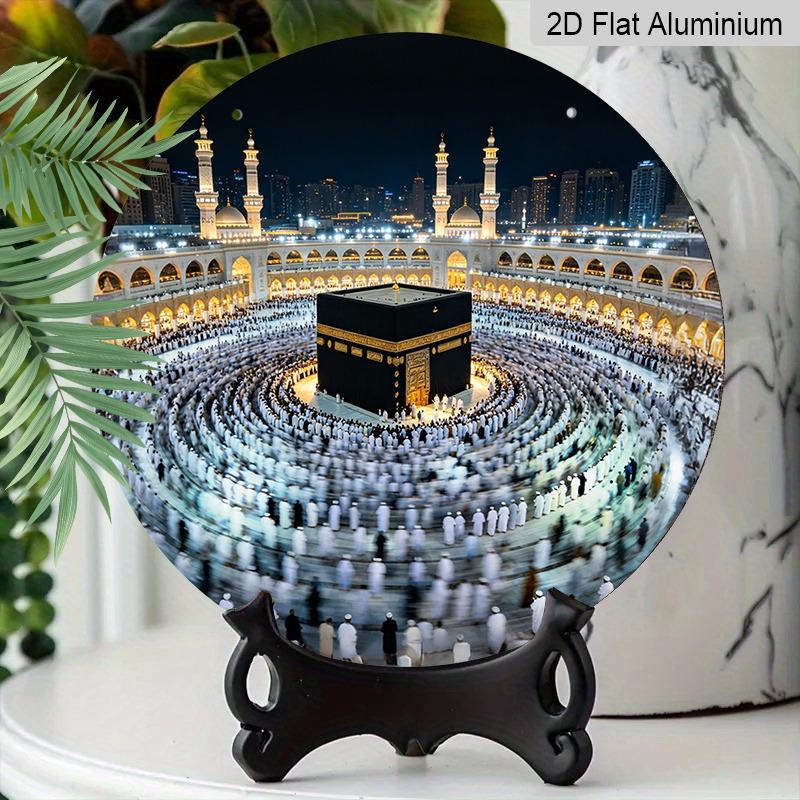2D Flat Retro Aluminum Wall Decorations In Various Sizes. Mecca Kaaba Night View Grand Mosque Pilgrimage Scene Decorations Are Ideal for Home