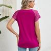 Spring Summer Solid Color Round Neck Lace Patchwork Short Sleeved T-shirt Top for Women Shirt