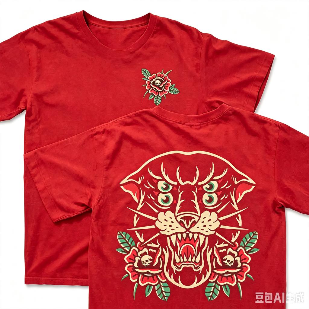 Summer Unisex Oversized Black T-Shirt Panther Rose Tattoo Double Sided Graphic Y2K Streetwear Cotton Tee for All Ages