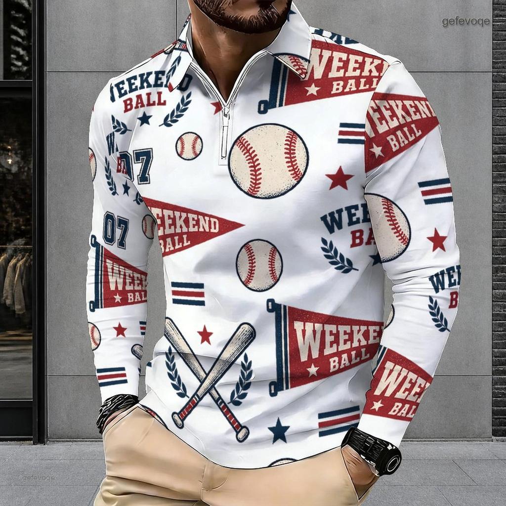 Men s Plus Size White Printed Long Sleeve Quarter Zip Collared Polo Shirt