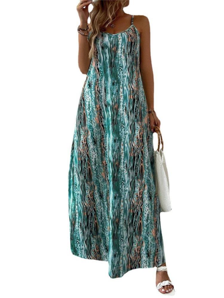 Spring Summer Women Fashion European American Style Printed Suspender Dress