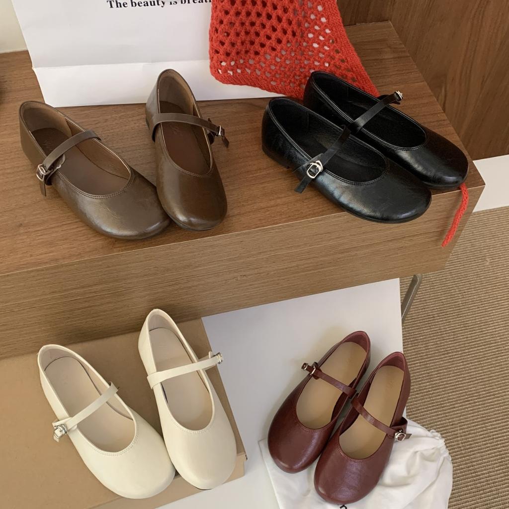 2025 Spring New Korean Version Mary Jane Shoes Women's Retro Shoes Niche Design Flat Bottom One-word Buckle Shallow Mouth Single Shoes