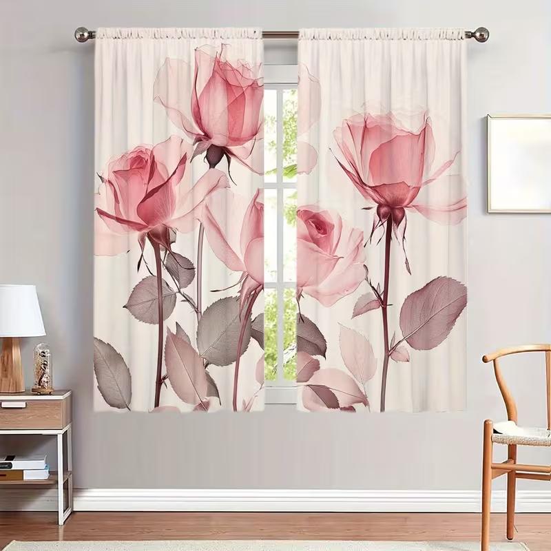 2pc Blooming Lotus Curtains, Chinese Pastoral Style, Suitable for Bedrooms and Living Rooms, Rod Pocket Decorative Curtains