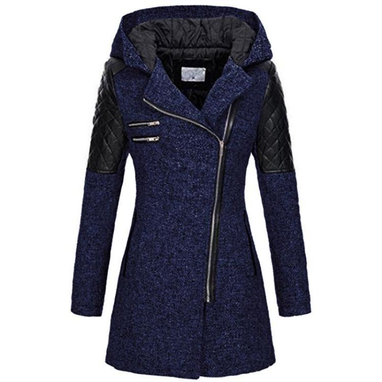 

Women s Warm Winter Coat Mid Length Woolen Hooded Windbreaker with Oblique Zipper 5XL